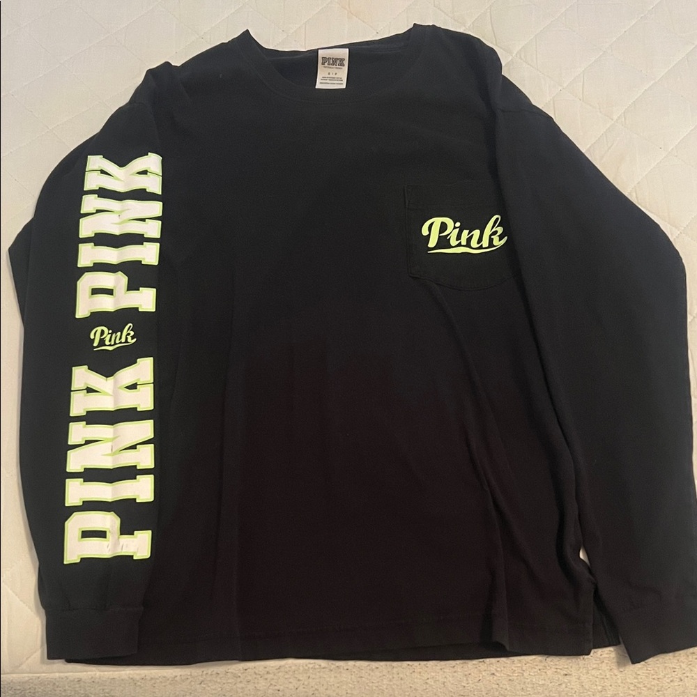 PINK Victoria's Secret Black and Neon Long Sleeve Tee